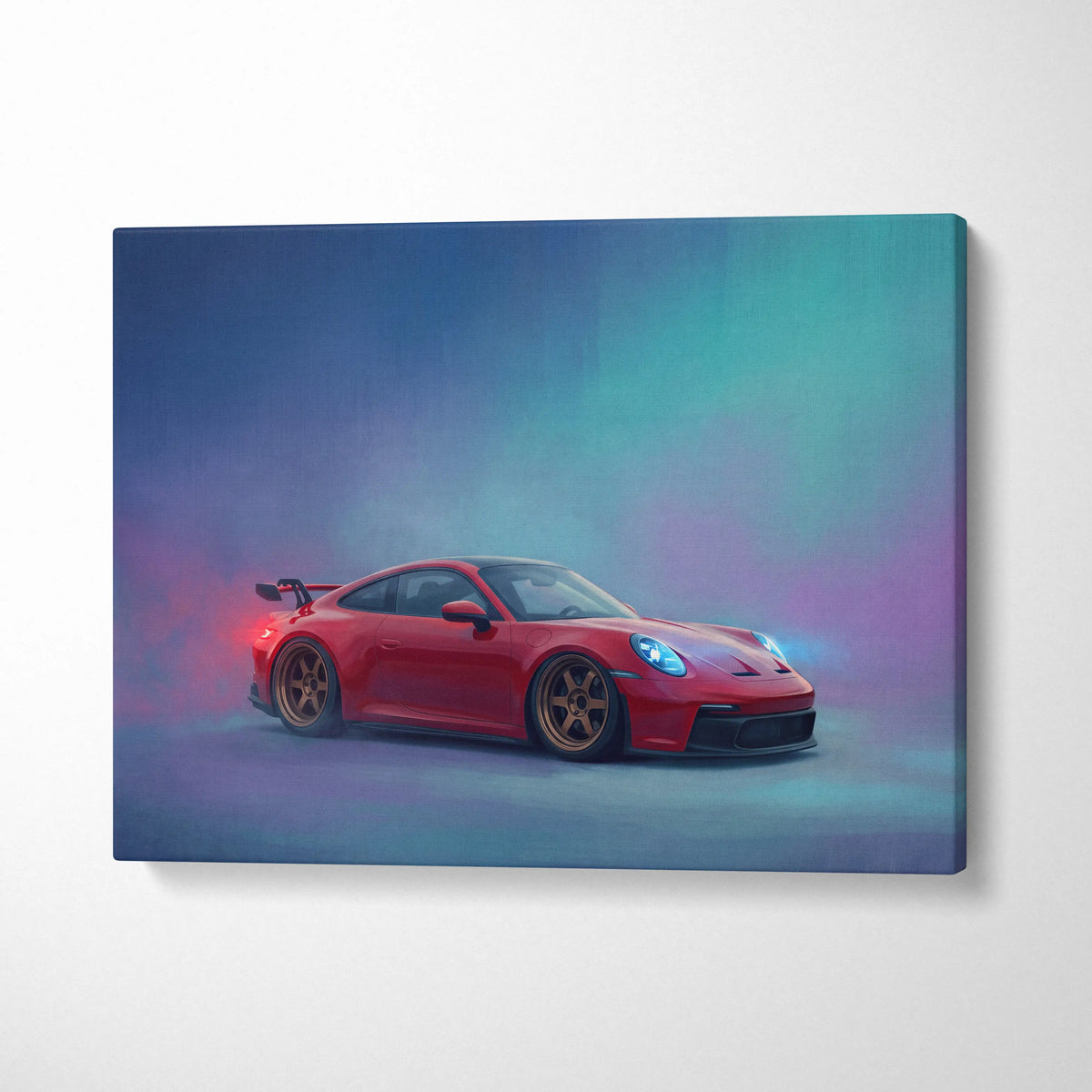 Red Porsche 911 GT3 inspired canvas print with glowing blue headlights and bronze wheels against vibrant aurora background