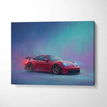 Red Porsche 911 GT3 inspired canvas print with glowing blue headlights and bronze wheels against vibrant aurora background