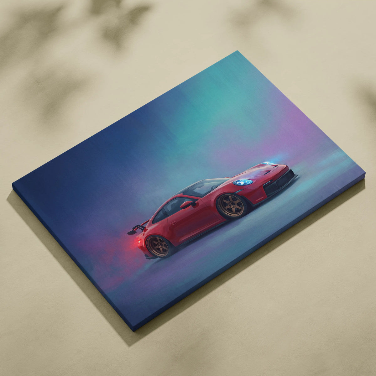 Red Porsche 911 GT3 inspired sports car canvas print with neon blue and purple lighting effects wall art