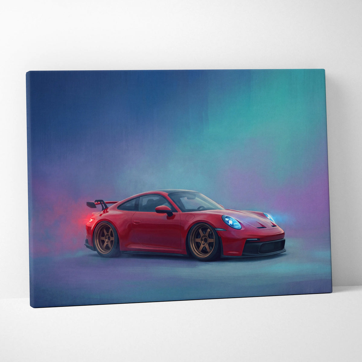 Porsche 911 gt3 inspired car wall art canvas painting print featuring a red gt3 with gold rims and glowing blue headlights