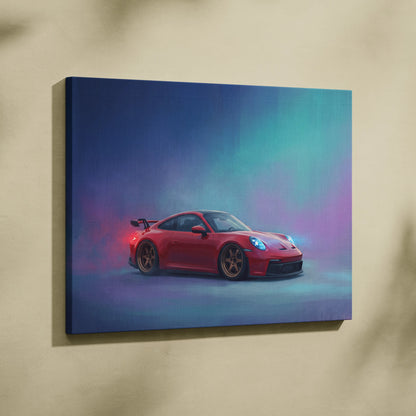Red Porsche 911 GT3 inspired sports car canvas print with glowing blue headlights and neon gradient background