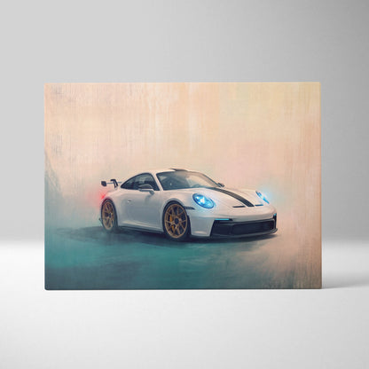 White porsche 911 gt3 with black racing stripes and gold wheels stylized on custom canvas car wall art print