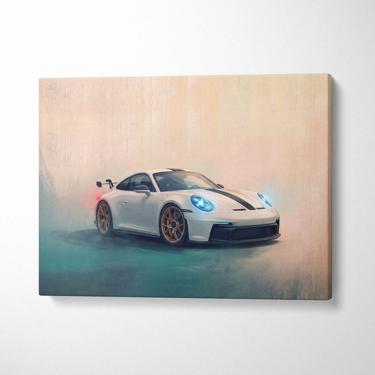 White Porsche 911 GT3 RS inspired supercar canvas art featuring black racing stripes and gold alloy wheels in dynamic painting