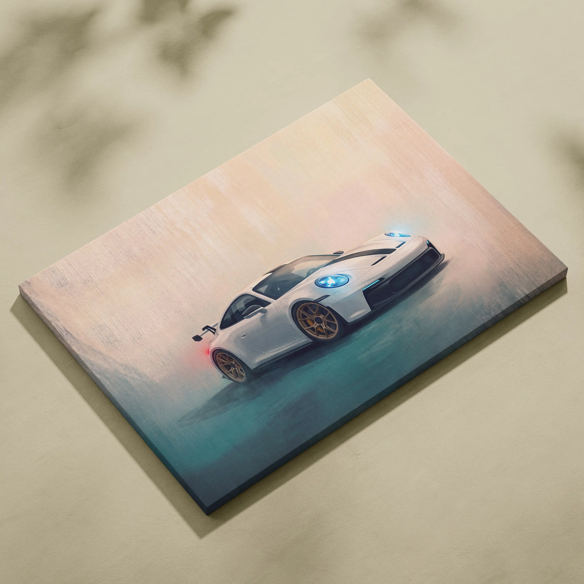 White porsche 911 gt3 rs inspired supercar canvas art print with glowing blue headlights and gold rims wall decor