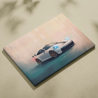 White porsche 911 gt3 rs inspired supercar canvas art print with glowing blue headlights and gold rims wall decor