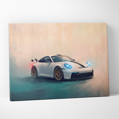 White Porsche 911 GT3 with black racing stripes and gold wheels in stylized canvas painting for custom wall art