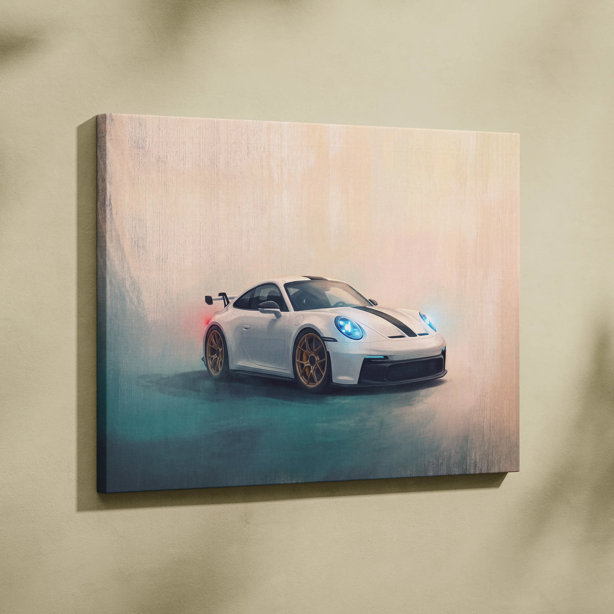 White Porsche 911 GT3 RS inspired supercar canvas art with black racing stripes and glowing blue headlights wall print