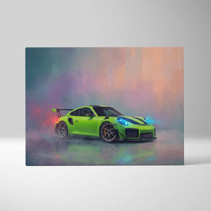 Vibrant lime green porsche 911 gt2 with black racing stripes and glowing blue headlights in dynamic smoky canvas print