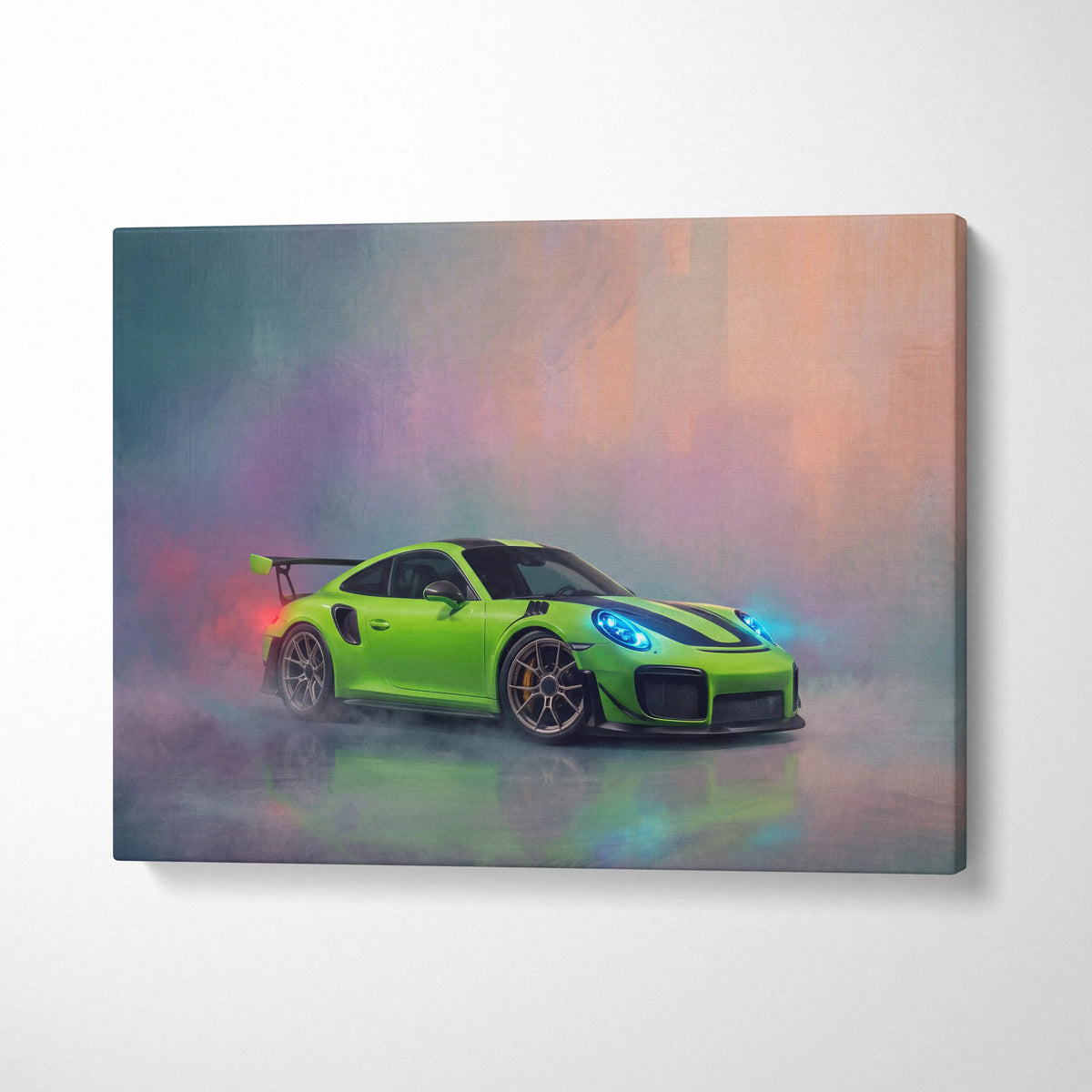 Vibrant lime green porsche 911 gt2 with black racing stripes and glowing blue headlights in dynamic smoky canvas print