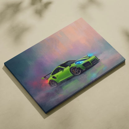 Vibrant lime green porsche 911 gt3 rs canvas print with glowing blue headlights against colorful sky backdrop