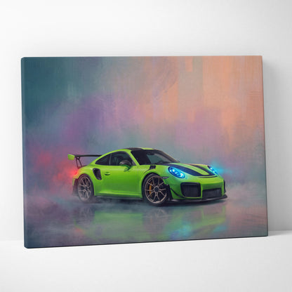 Porsche 911 gt3 RS inspired automotive wall art featuring vibrant lime green Porsche 911 GT2 with black stripes and blue headlights