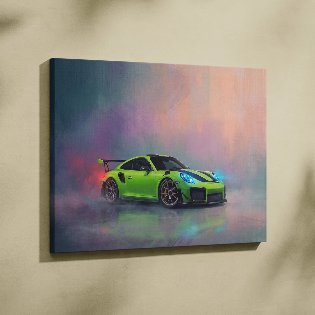 Vibrant lime green Porsche 911 GT3 RS inspired canvas print with glowing blue headlights and smoky background wall art