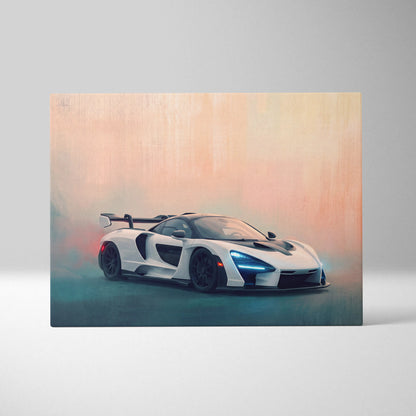 White mclaren senna inspired canvas art featuring a stylized sports car with black accents and glowing blue headlights