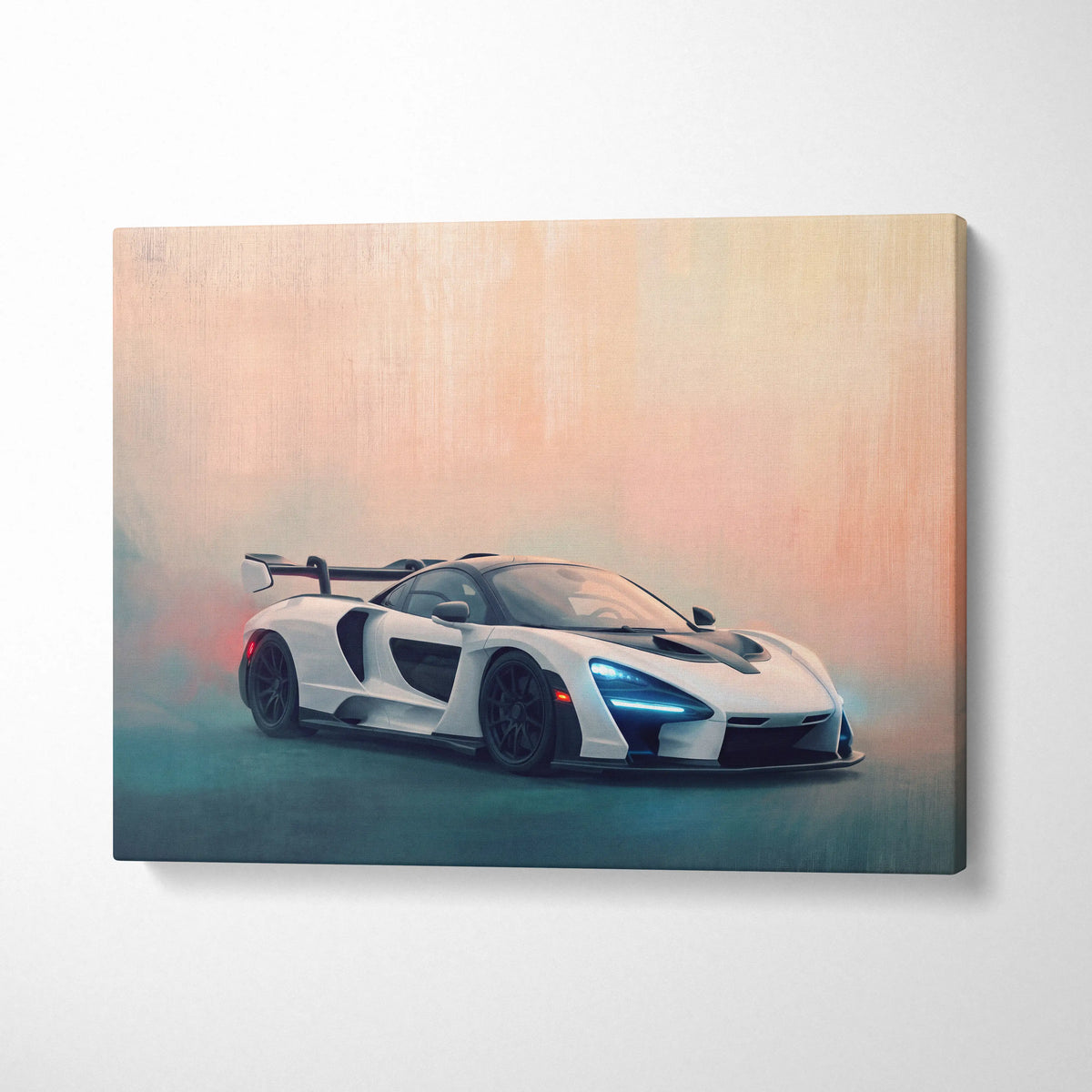 White mclaren senna sports car canvas print with glowing blue headlights and black accents premium automotive decor