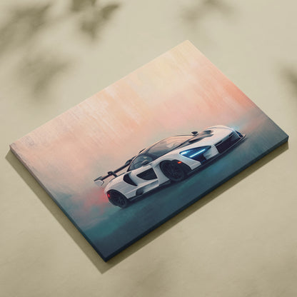 White mclaren supercar with glowing blue headlights and red taillights on canvas mclaren senna inspired wall art