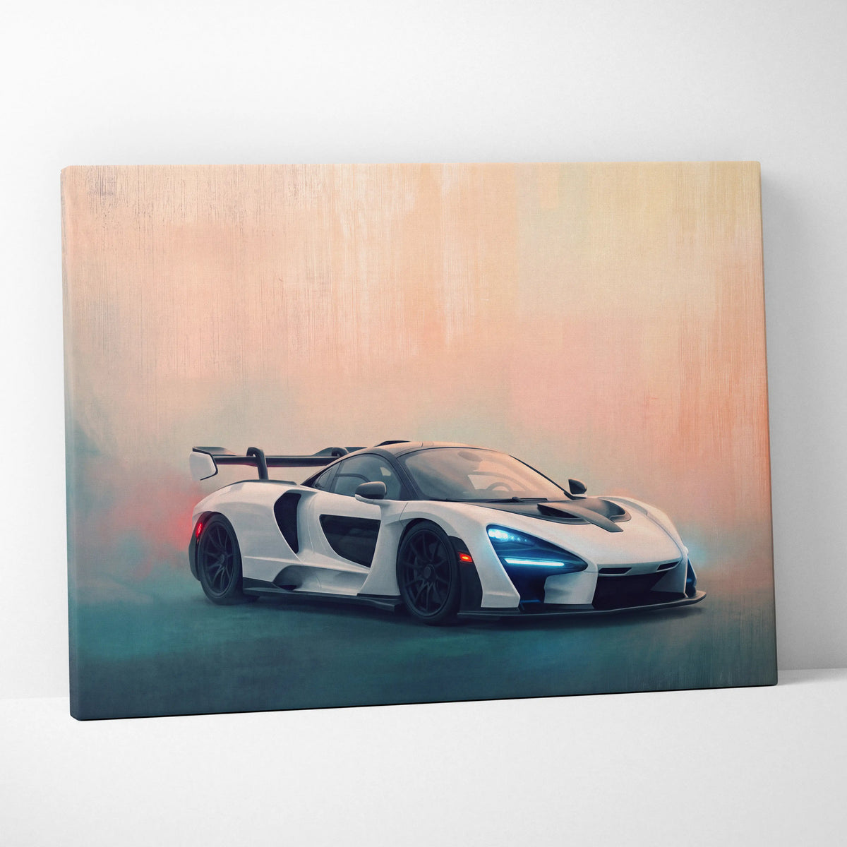 White McLaren Senna sports car canvas art with black accents and glowing blue headlights for premium wall decor