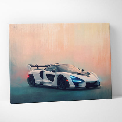 White McLaren Senna sports car canvas art with black accents and glowing blue headlights for premium wall decor