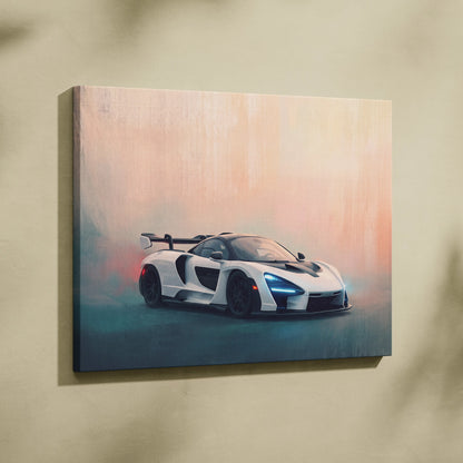White McLaren Senna inspired canvas art with black accents and glowing blue headlights in a dynamic motion scene