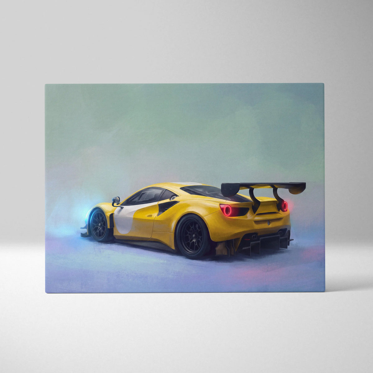 Yellow and white racing car canvas print featuring a ferrari 488 gt3 with black wheels and rear spoiler wall art