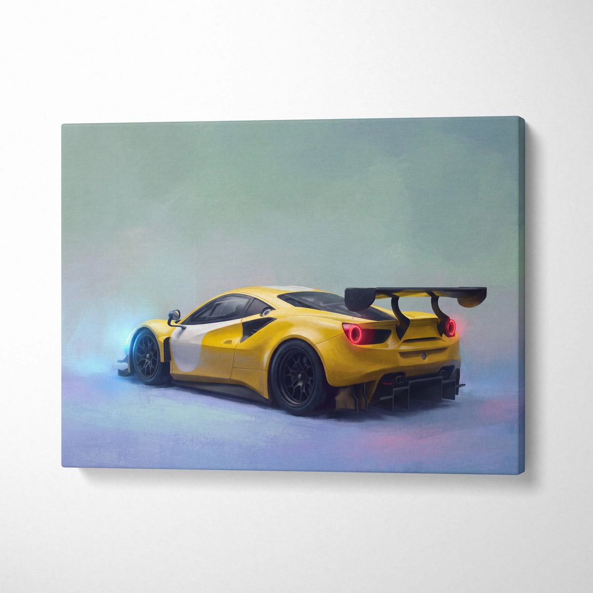 Yellow and white ferrari 488 challenge inspired supercar canvas art featuring a 488 gt3 with black wheels and rear spoiler
