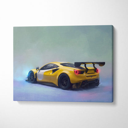 Yellow and white ferrari 488 challenge inspired supercar canvas art featuring a 488 gt3 with black wheels and rear spoiler