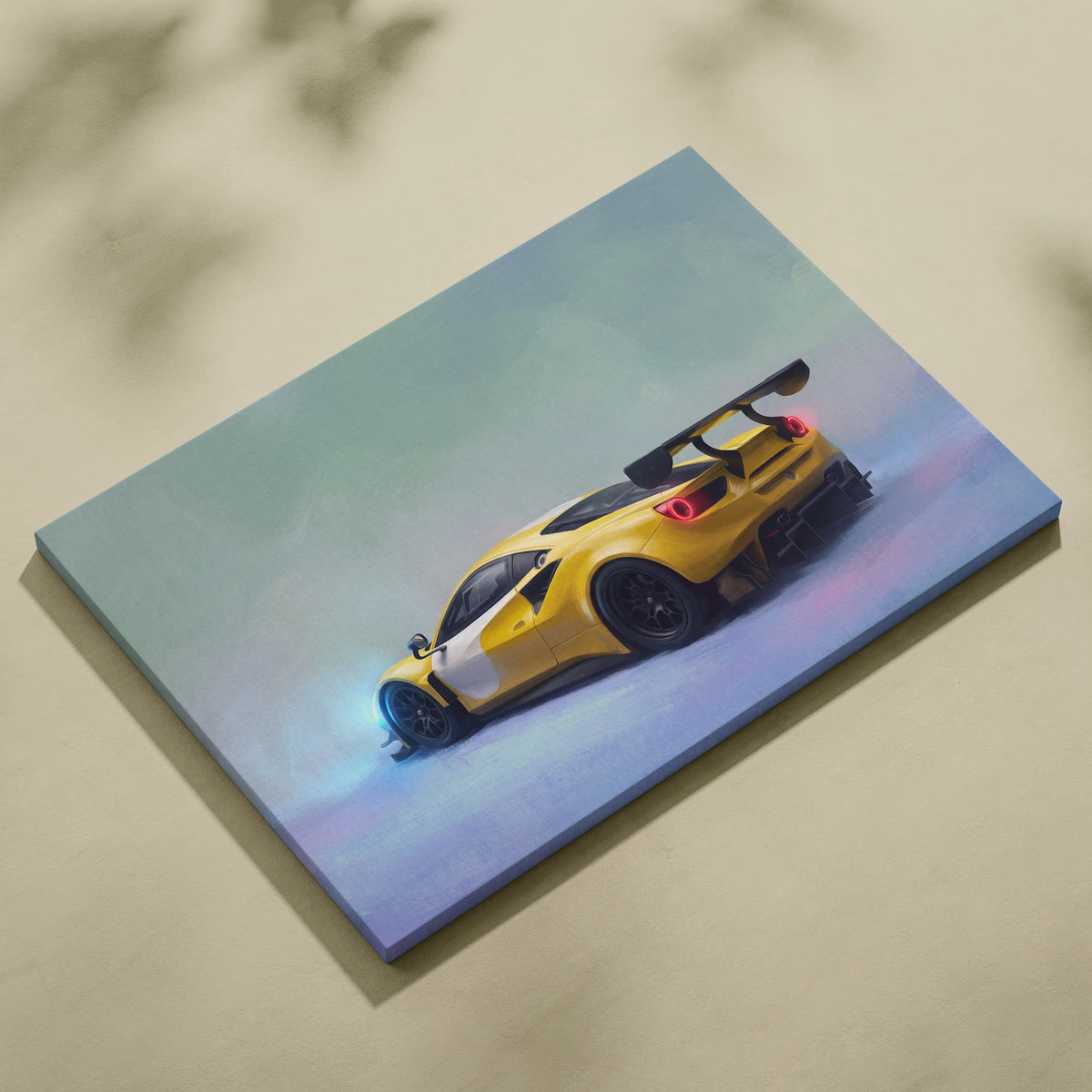 Yellow and white Ferrari 488 Challenge inspired supercar canvas art with sleek design and glowing red taillights