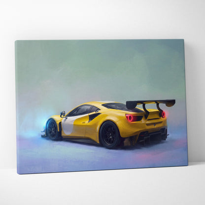 Ferrari 488 challenge inspired supercar canvas art featuring a yellow and white racing car with black wheels and rear spoiler