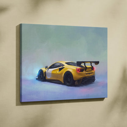 Vibrant yellow and white ferrari 488 challenge inspired supercar printed on a stretched canvas wall art