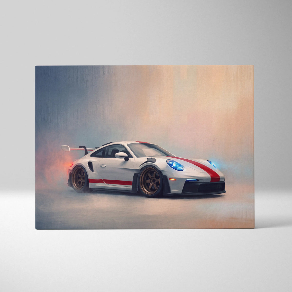 White porsche 911 gt3 with red racing stripes and bronze wheels in dynamic drift pose on track edition canvas print