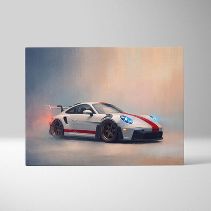 White porsche 911 gt3 with red racing stripes and bronze wheels in dynamic drift pose on track edition canvas print