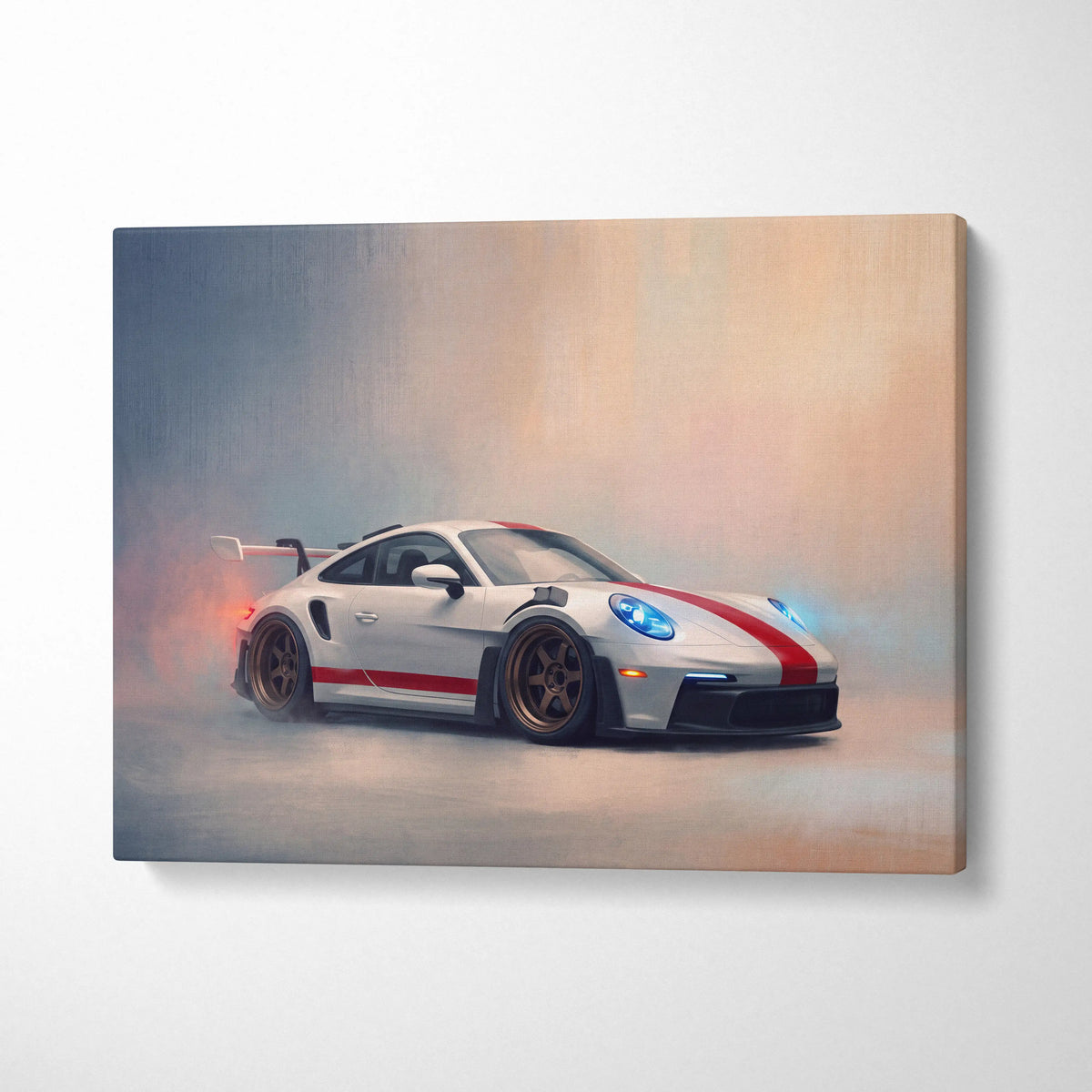 White porsche 911 with red racing stripes and blue headlights on a canvas in a porsche 911 gt3 rs track edition print