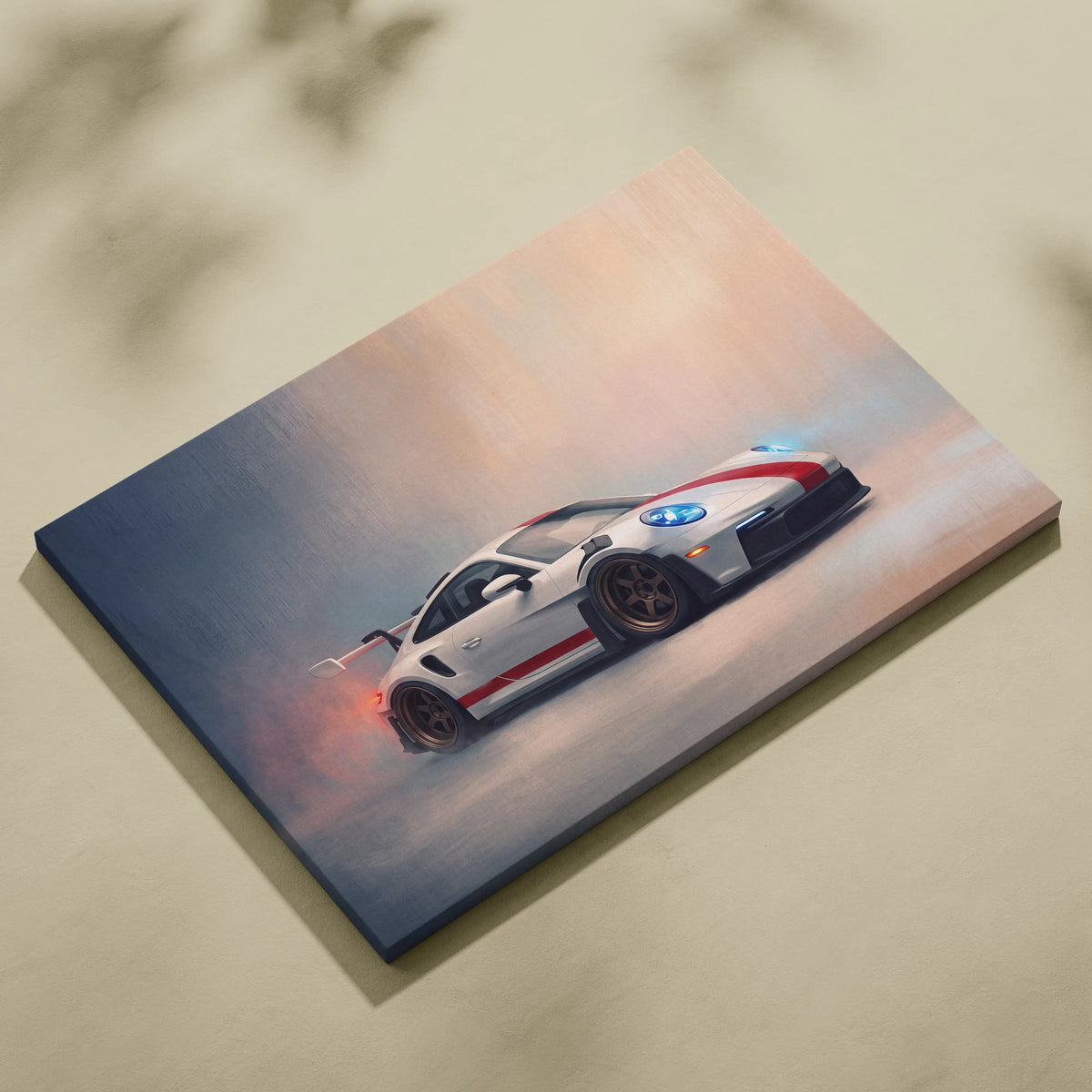 White and red Porsche 911 GT3 RS inspired racing car wall art canvas print with sleek design and track edition style