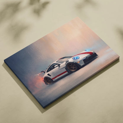 White and red Porsche 911 GT3 RS inspired racing car wall art canvas print with sleek design and track edition style