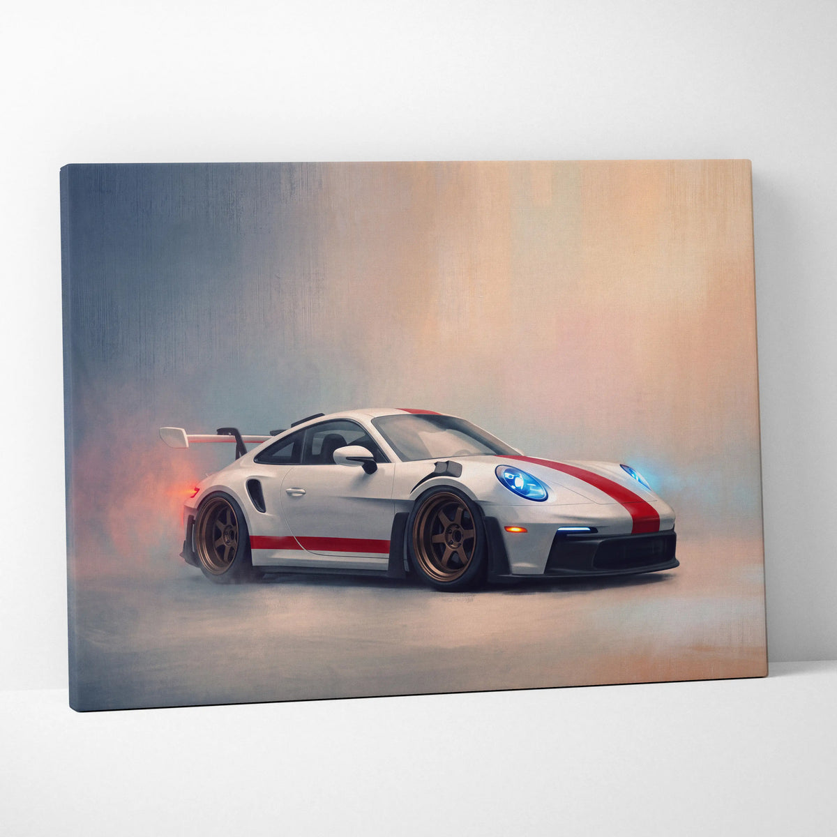 White porsche 911 gt3 with red racing stripes and bronze wheels in dynamic drift pose on track edition canvas print