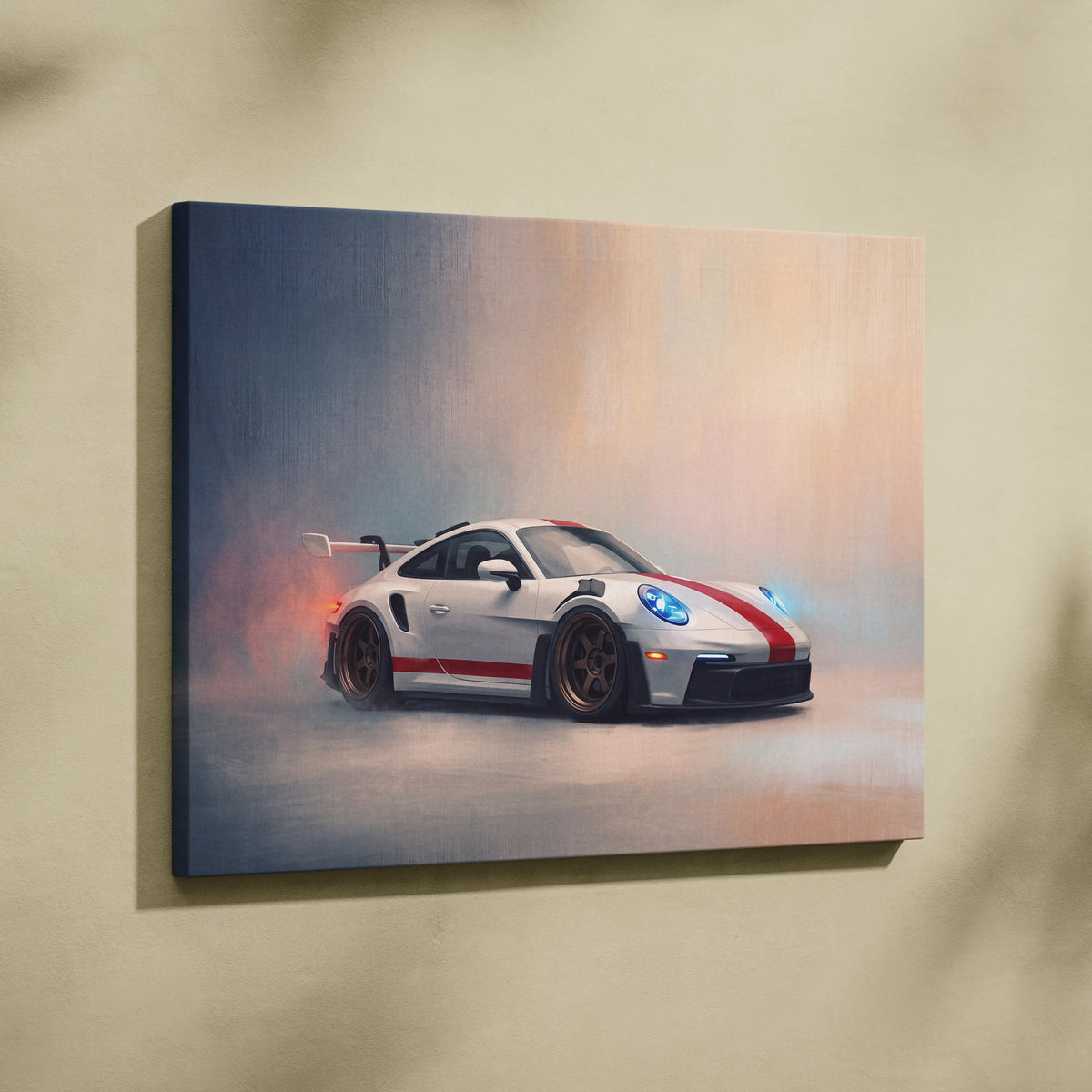 White Porsche 911 GT3 RS inspired canvas painting print featuring red racing stripes and black rims for wall art