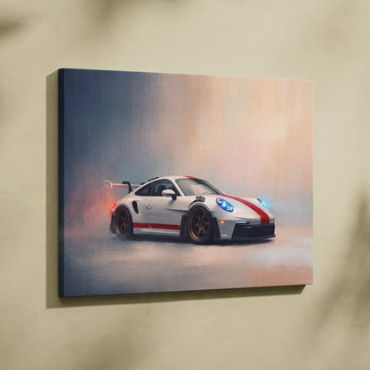 White Porsche 911 GT3 RS inspired canvas painting print featuring red racing stripes and black rims for wall art