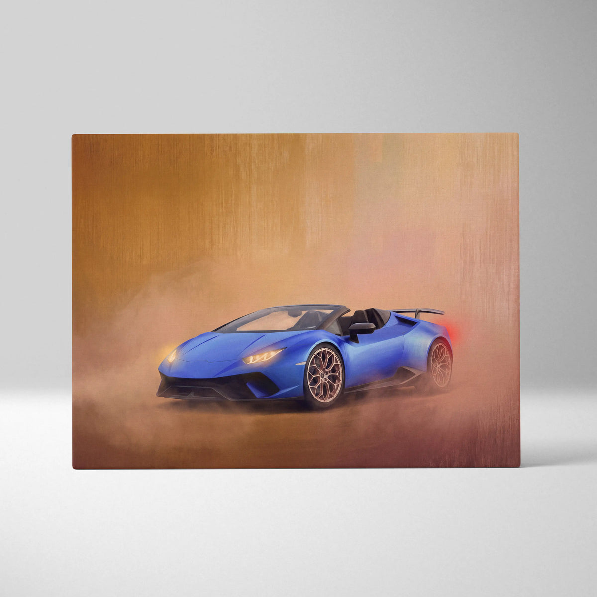 Vibrant blue Lamborghini Huracán Spyder convertible luxury supercar canvas print for automotive wall art decor