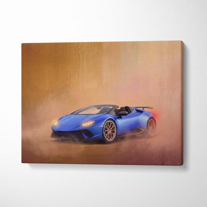Vibrant blue Lamborghini Huracán Spyder convertible depicted in a dynamic smoky artistic canvas print for wall art