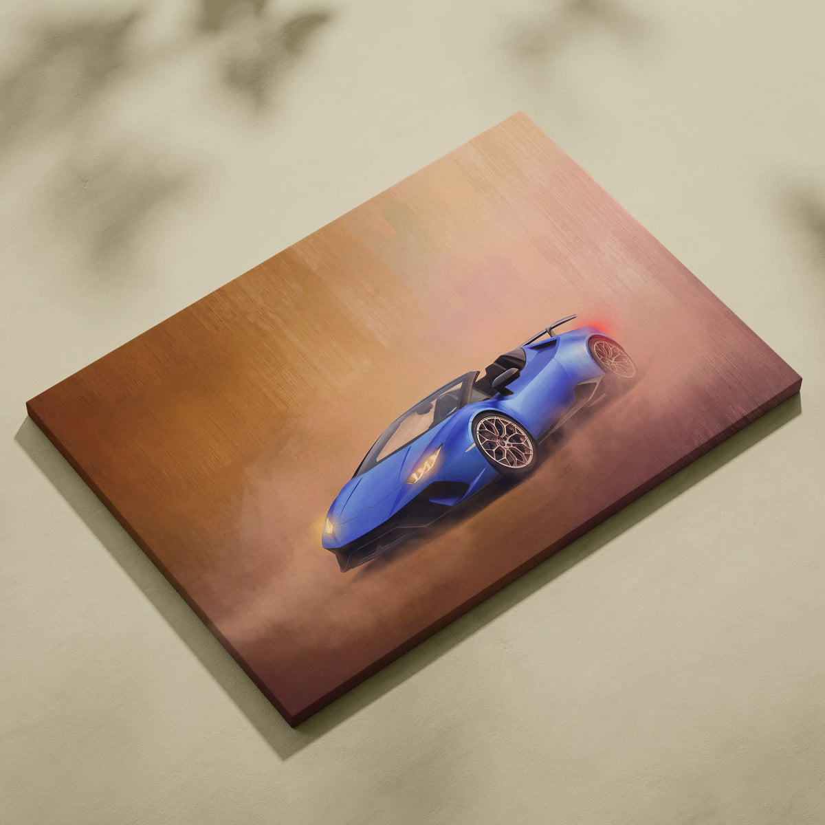 Vibrant blue Lamborghini Huracán Spyder inspired luxury supercar canvas print with dynamic motion blur effect