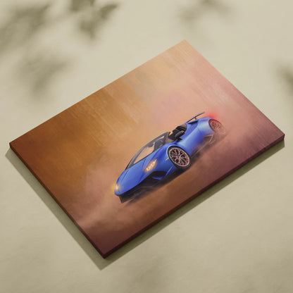 Vibrant blue Lamborghini Huracán Spyder inspired luxury supercar canvas print with dynamic motion blur effect