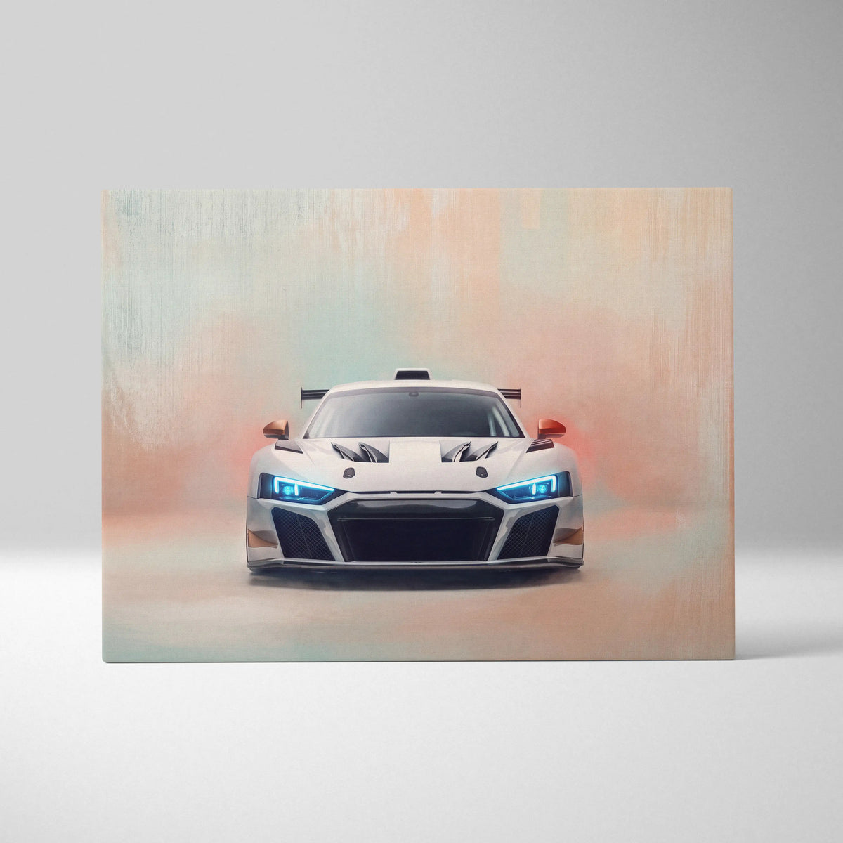 Audi R8 LMS GT3 inspired supercar canvas art featuring a white race car with blue headlights and black racing stripes