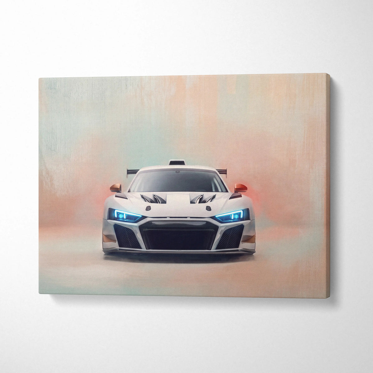 White Audi R8 LMS GT3 inspired supercar canvas art print with glowing blue headlights and orange side mirrors