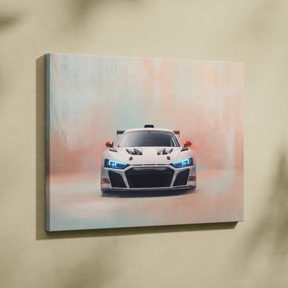 White Audi R8 LMS GT3 inspired supercar canvas art with glowing blue headlights and red side mirrors for wall decor