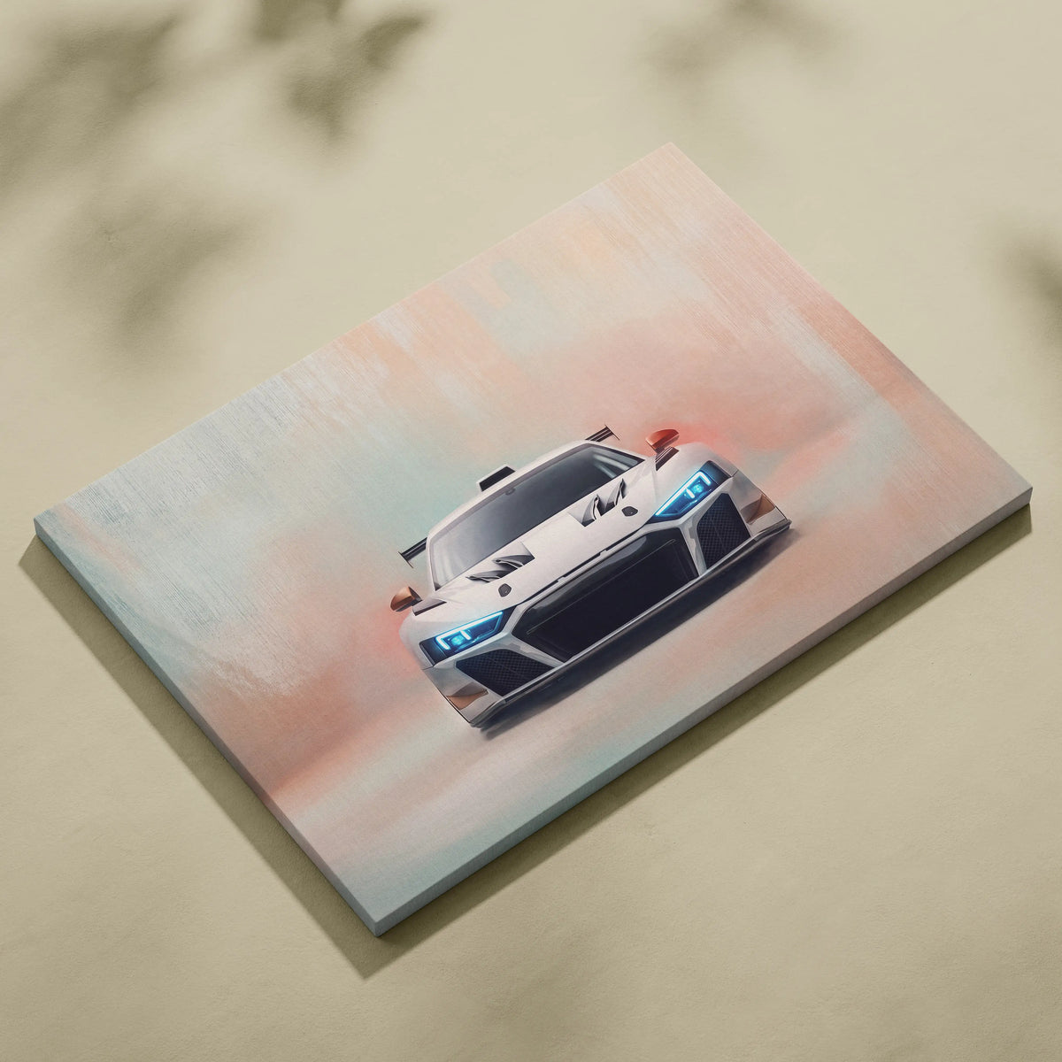 Audi r8 lms gt3 inspired white racing car canvas art print with glowing blue headlights and sleek aerodynamic design