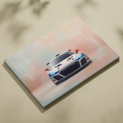 Audi r8 lms gt3 inspired white racing car canvas art print with glowing blue headlights and sleek aerodynamic design