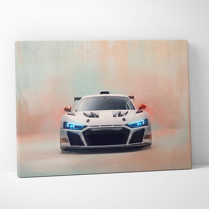 White audi r8 race car canvas art with glowing blue headlights and orange side mirrors for custom wall decor