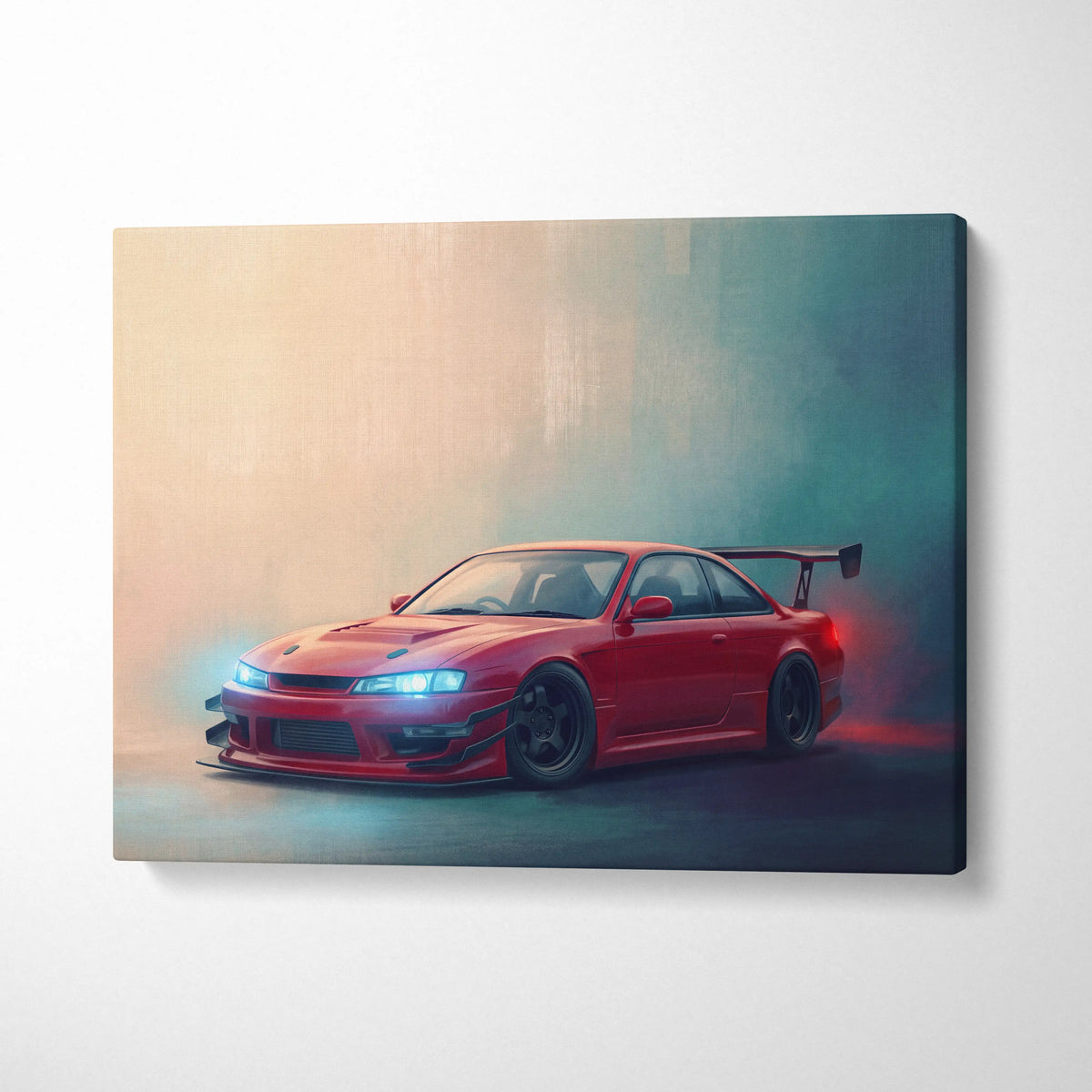 Vibrant red Nissan Silvia S15 sports car canvas print with glowing headlights and rear spoiler for home decor