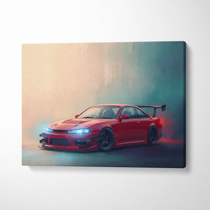 Vibrant red Nissan Silvia S15 sports car canvas print with glowing headlights and rear spoiler for home decor