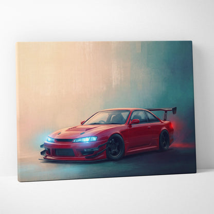 Vibrant red nissan silvia s15 sports car canvas print with glowing blue headlights and rear spoiler for home decor