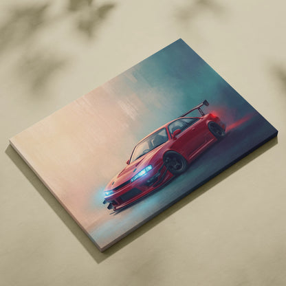 Red nissan silvia s14 drift car canvas print with glowing blue headlights and smoke for japanese jdm wall art
